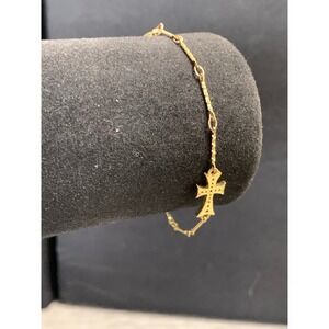 Gold Tone Rhinestone Cross Charm Chain Bracelet Religious Jewelry 5in 3544